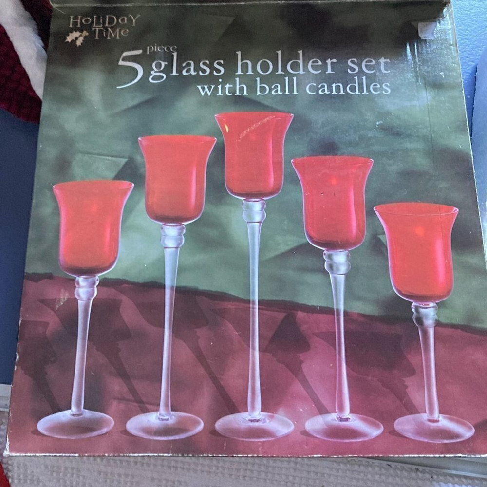 Holiday Time 5 Glass Set with Ball Candles, NIB